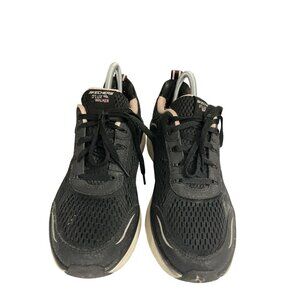 Skechers DLux Walker Womens Size 7 Black Pink Mesh Leather Athletic Shoes